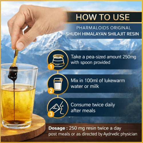 Pharmaloids Shudh Himalayan Shilajit Resin showing how to use it