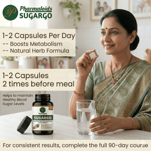 Woman taking SugarGo Capsules orally and how to use instructions on screen